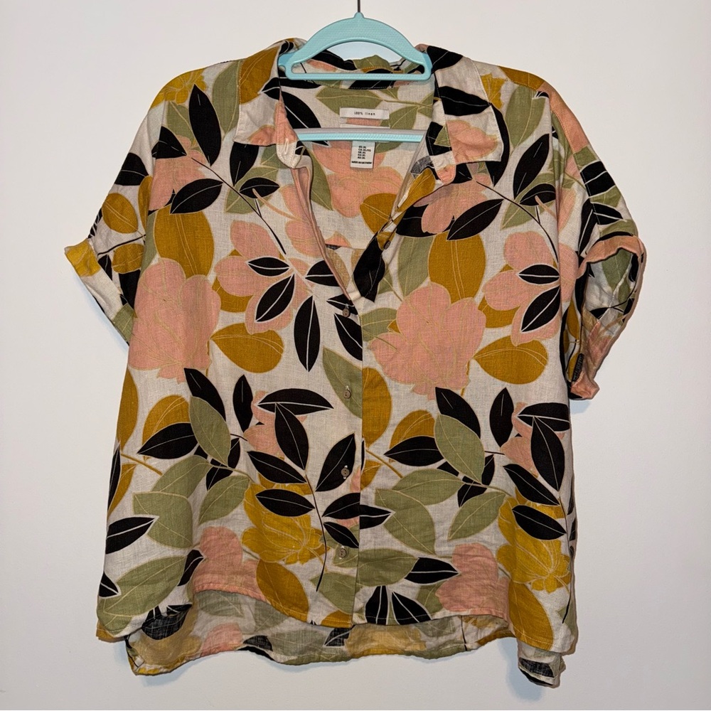 Rachel Zoe Women's 100% Linen XL Floral Tropical Print Top Boxy Button Down